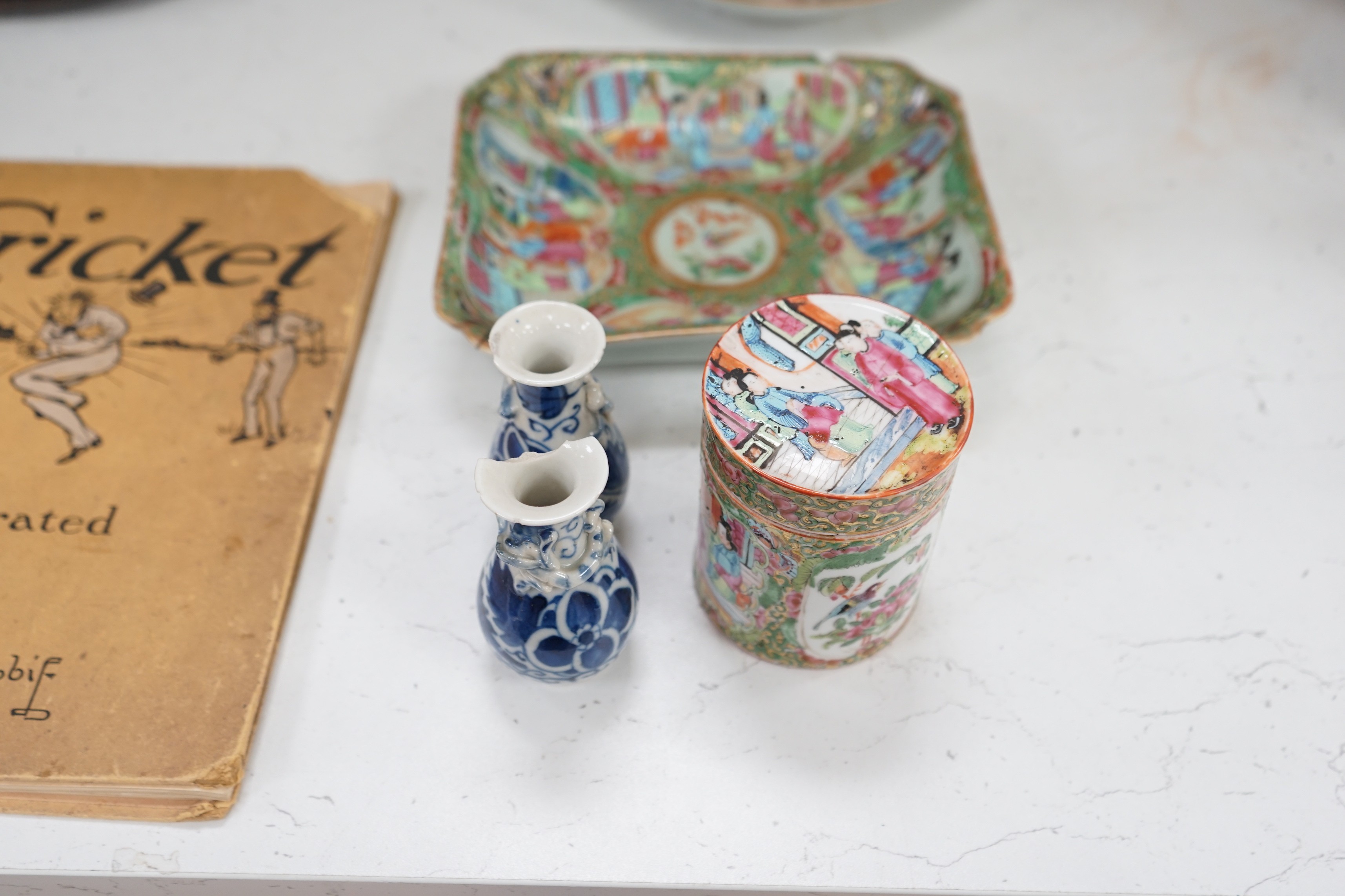 A group of 19th century Chinese famille rose - two plates, a square dish and a box and cover and two blue and white small vases